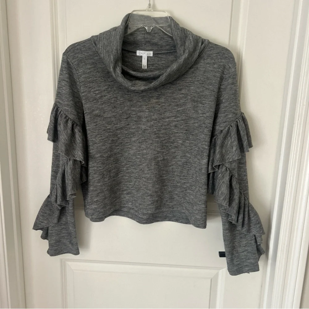 Leith Medium Gray Cowl Neck Raw Hem Ruffled Sleeve Long Sleeve Sweater Sz L